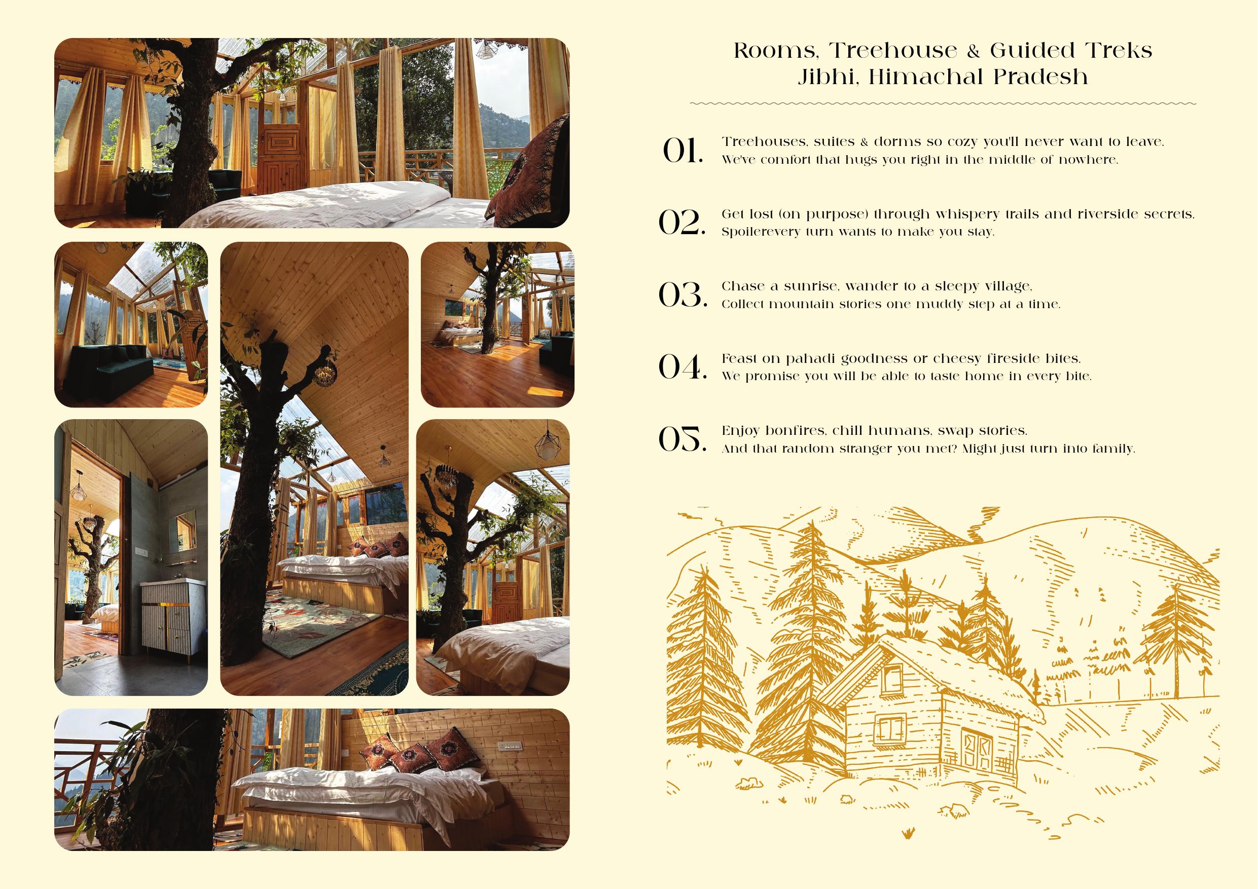 Brochure spread — Where Mountain Escapes Meet Bohemian Comfort with Himalayan illustration