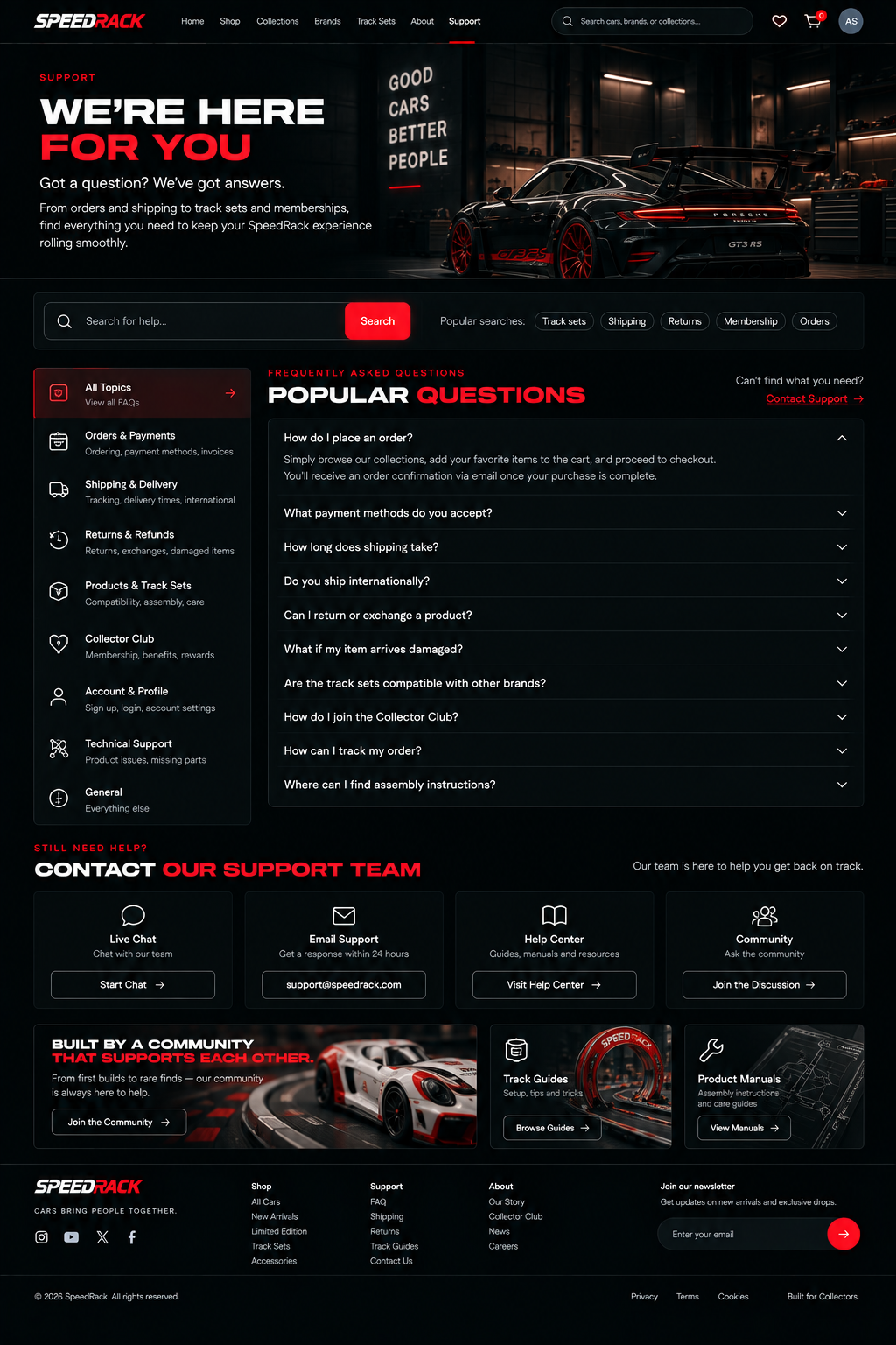 SpeedRack support centre with search, FAQs and contact options