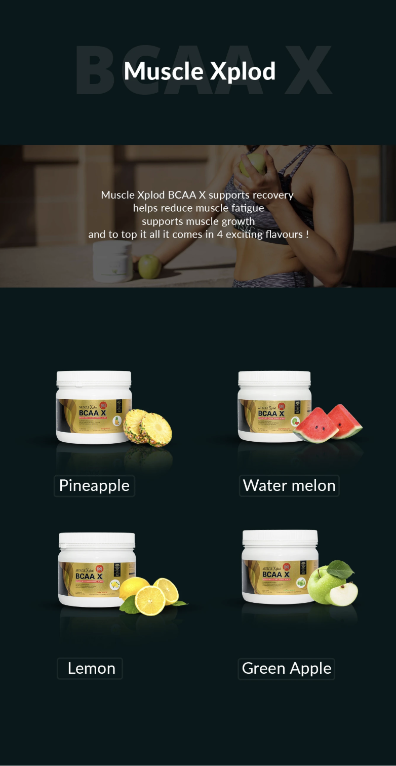 Muscle Xplod BCAA X flavour range — pineapple, watermelon, lemon and green apple
