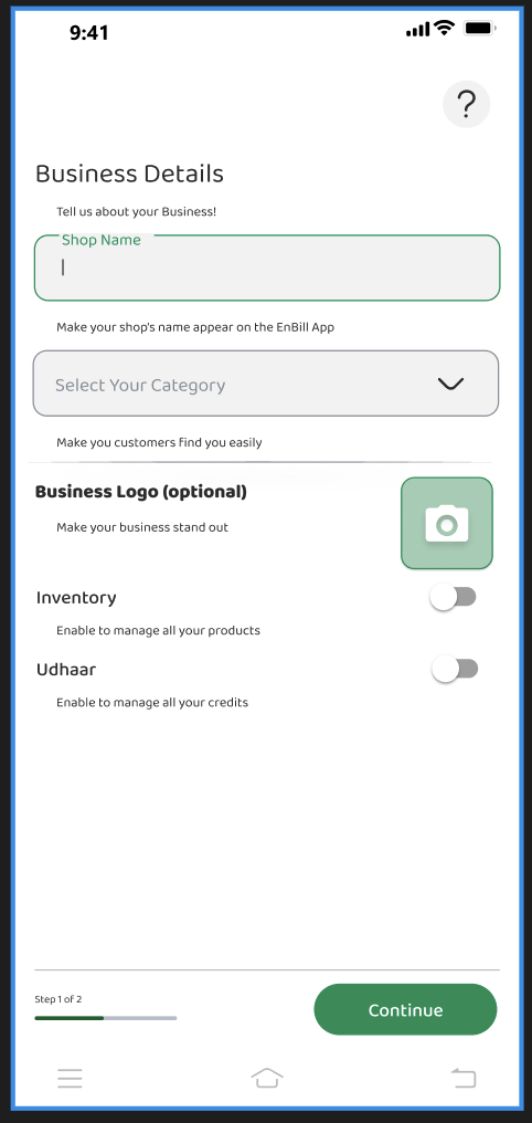 Enbill app — Business Details screen