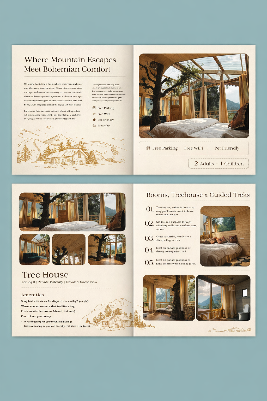 Sukoon Saat brochure spreads mockup — experience and room pages