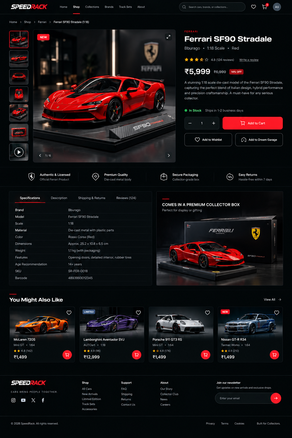 SpeedRack Ferrari SF90 Stradale product page with gallery, specifications and recommendations