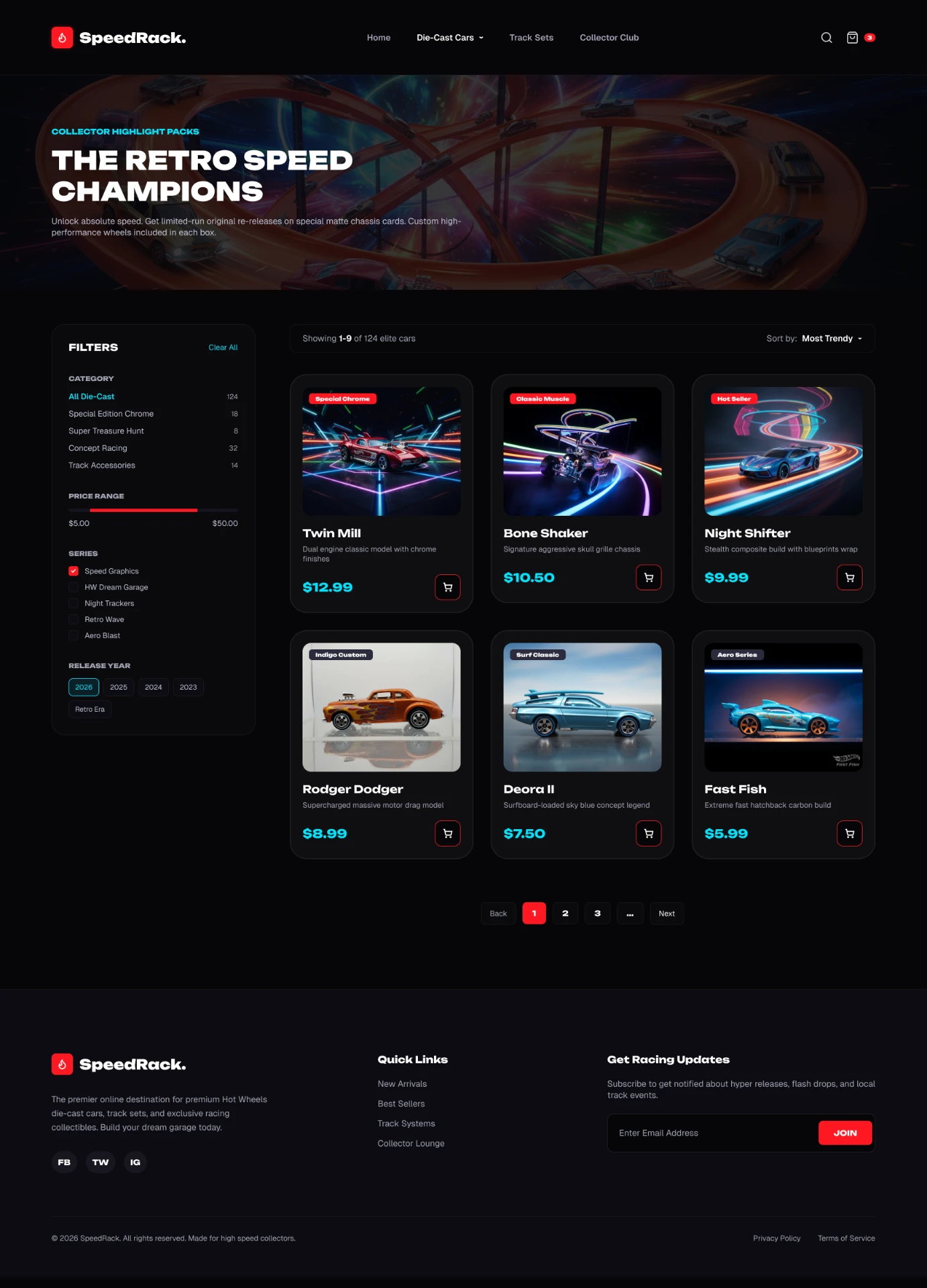 SpeedRack shop listing page with filters and product grid