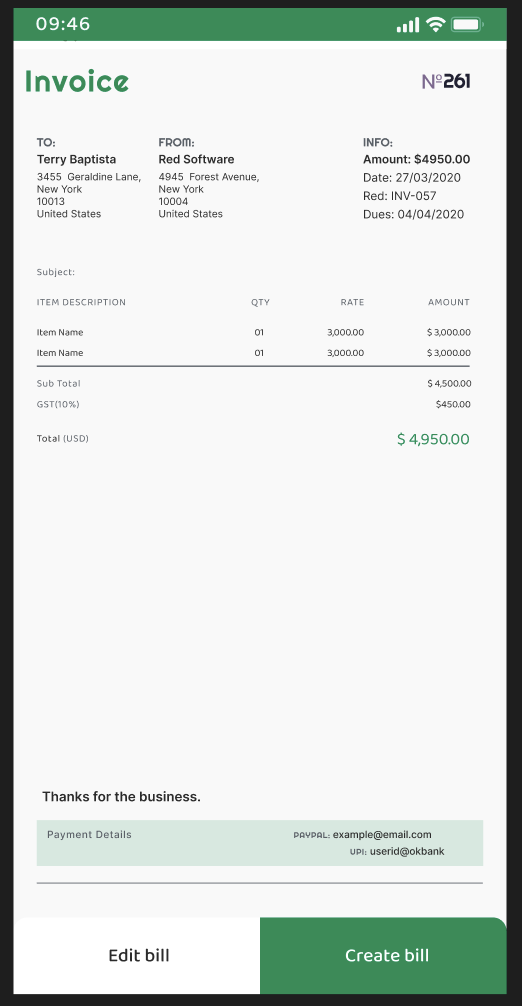 Enbill app — Invoice screen