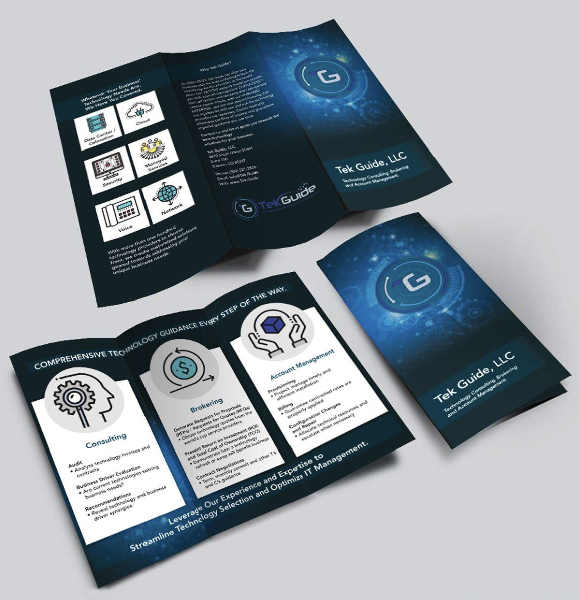 Tech2Globe brochure spreads with icon-led service sections