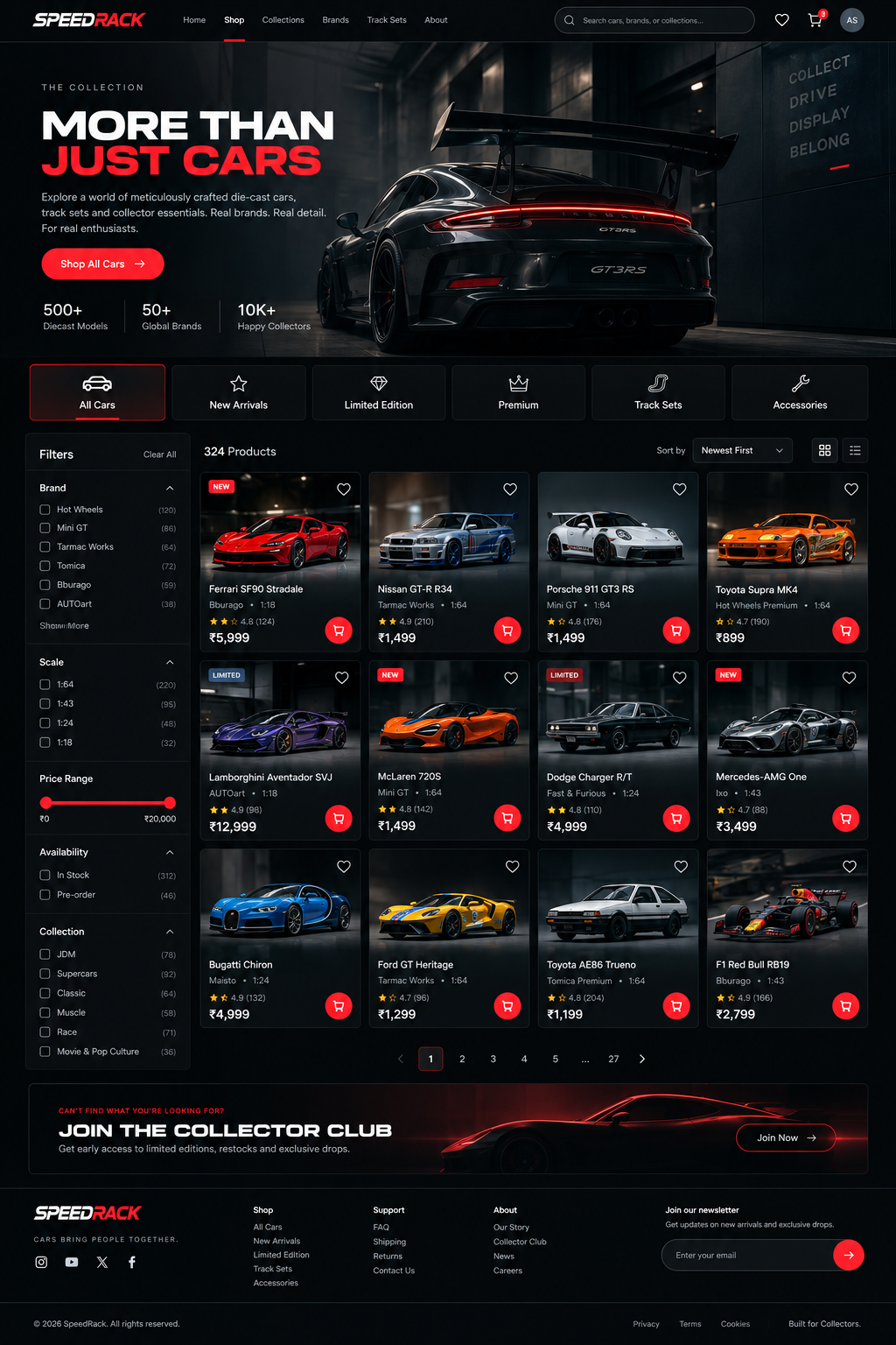 SpeedRack collection page with product filters and a grid of die-cast cars