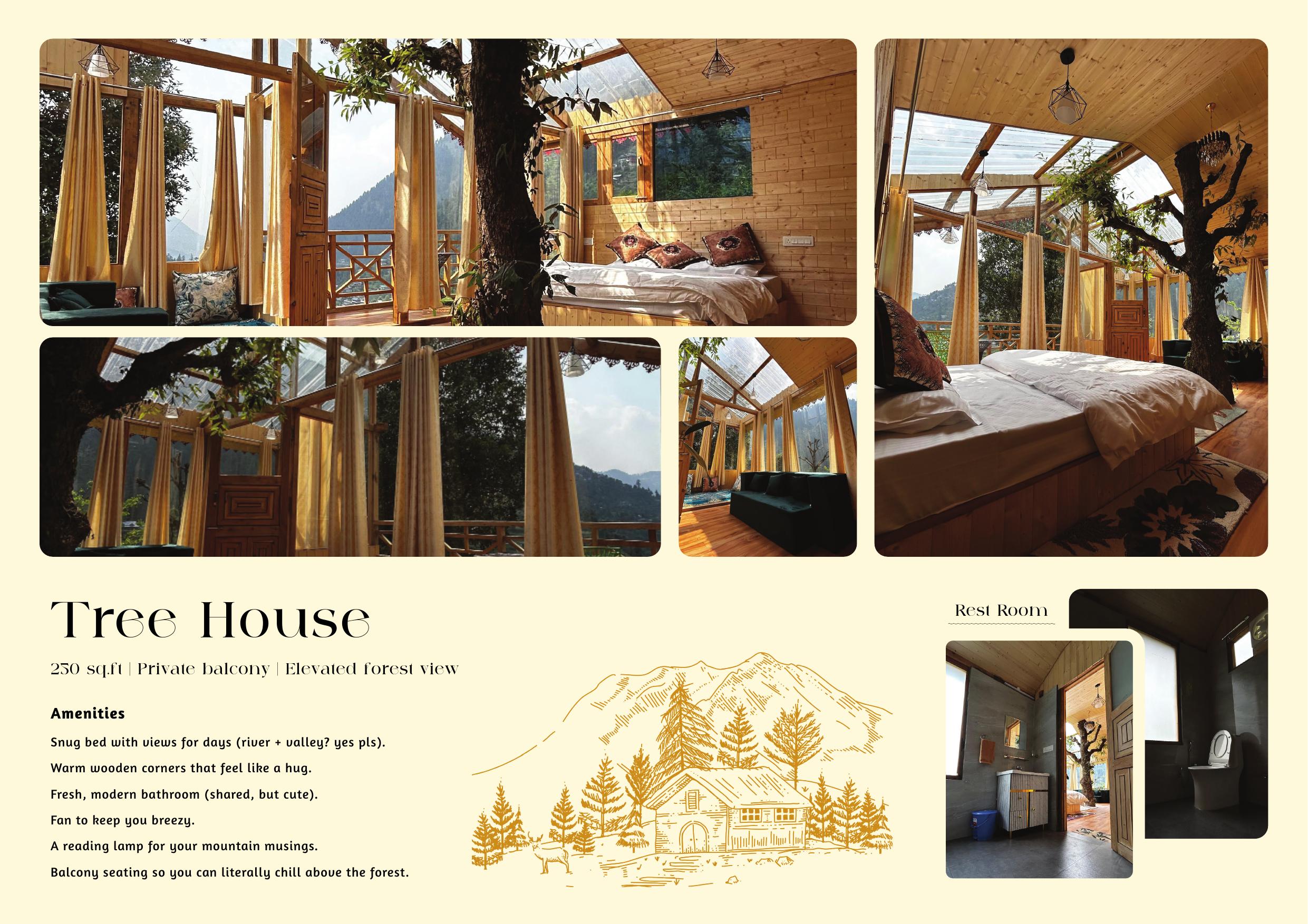 Brochure spread — Rooms, Treehouse and Guided Treks with numbered experiences