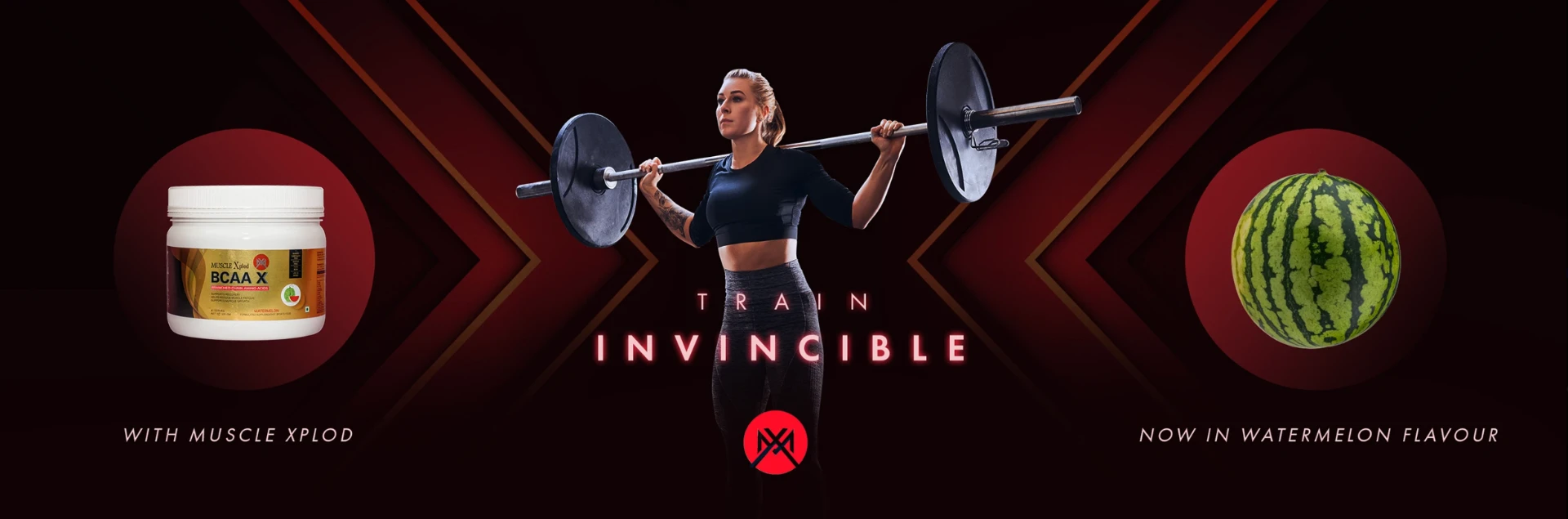 Muscle Xplod BCAA X campaign creative — “TRAIN INVINCIBLE”