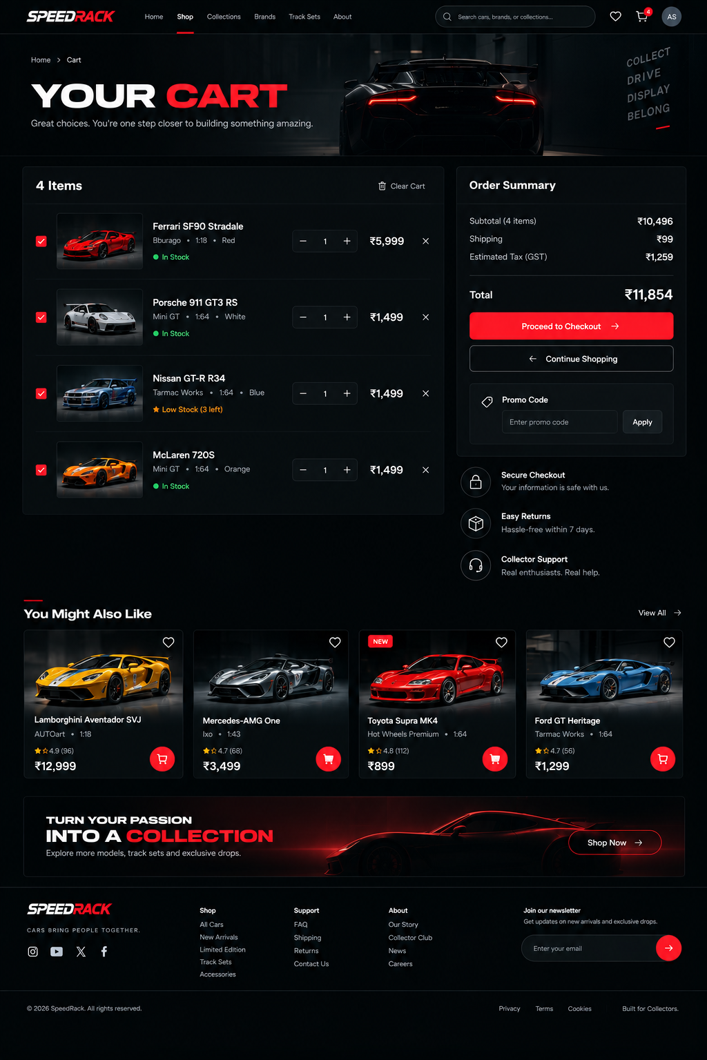 SpeedRack cart page with four products, order summary and secure checkout action