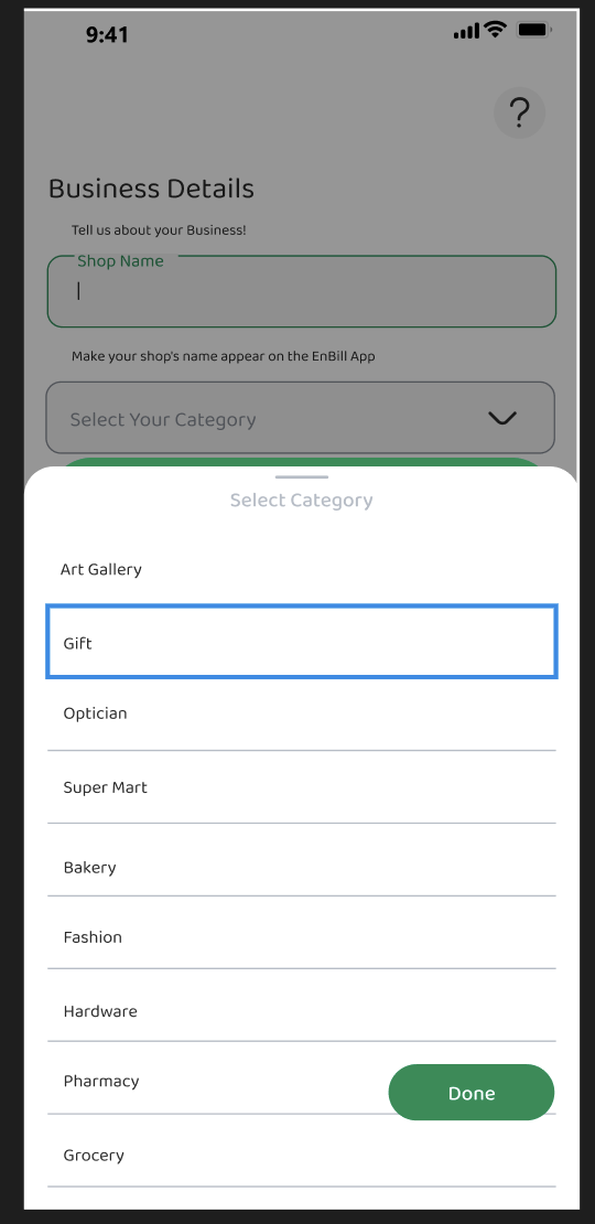 Enbill app — Category Picker screen