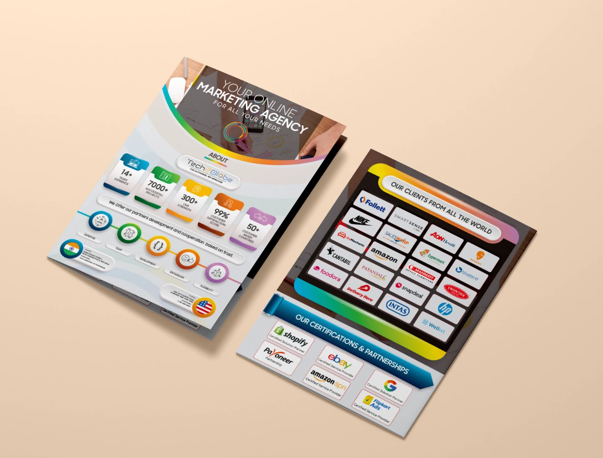Tech2Globe marketing flyers with statistics, services and client logos