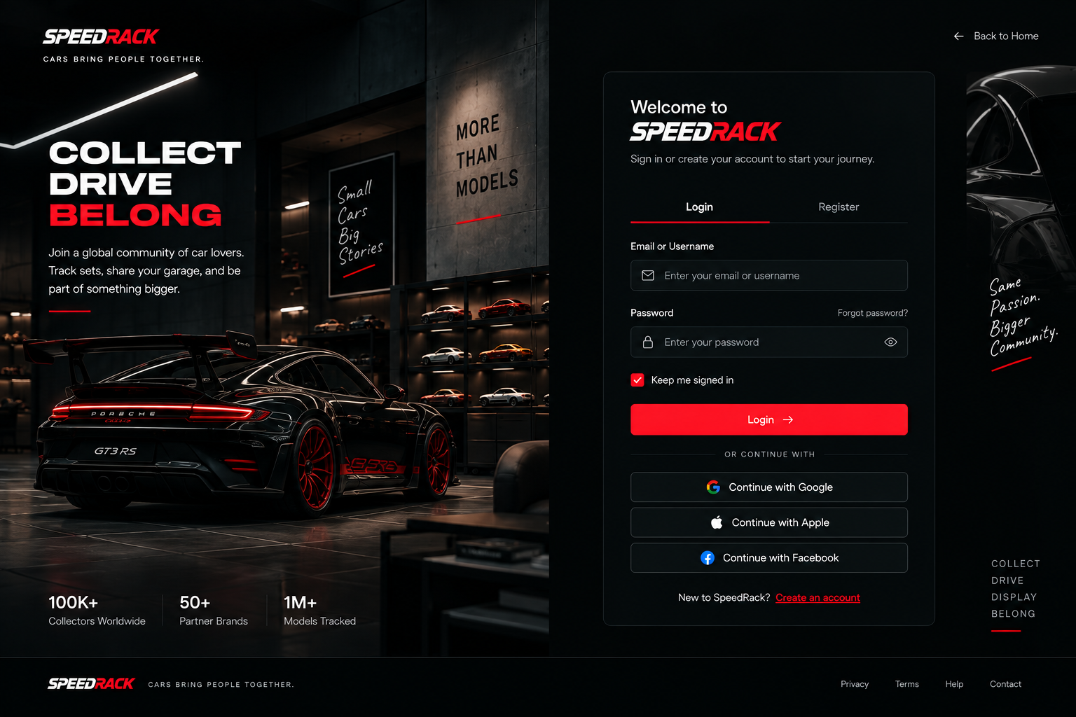 SpeedRack login experience beside a collector garage scene