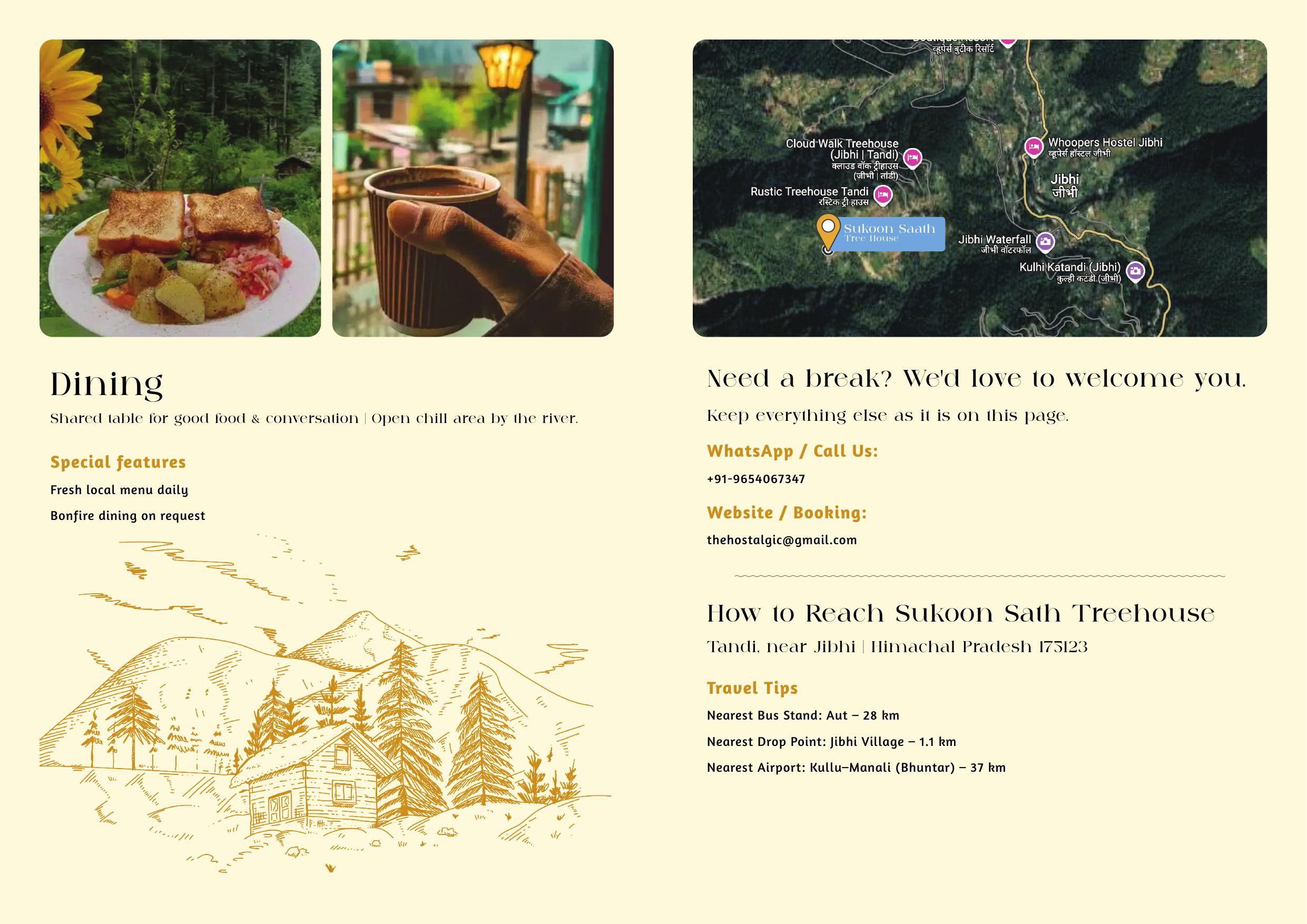 Sukoon Saat brochure final page — dining, location and travel information